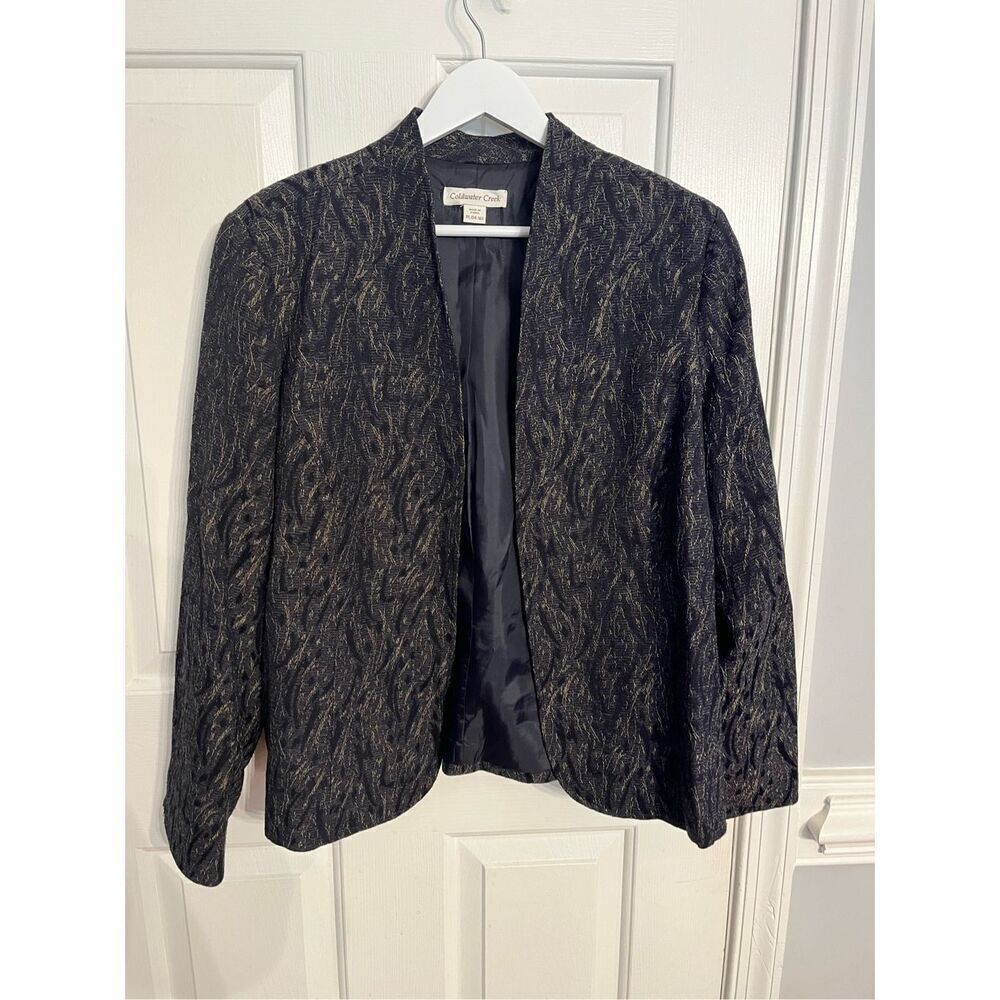 Coldwater Creek Black & Gold Swirl Open Front Blazer Jacket sz PL 14-16 EUC